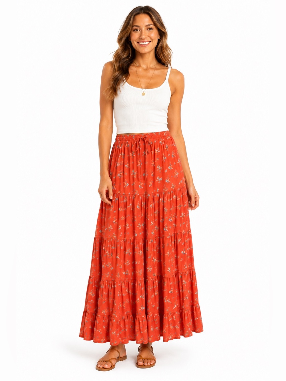 Free People Nova Tiered Floral Maxi Skirt Coral Orange Boho Cottagecore Size XS